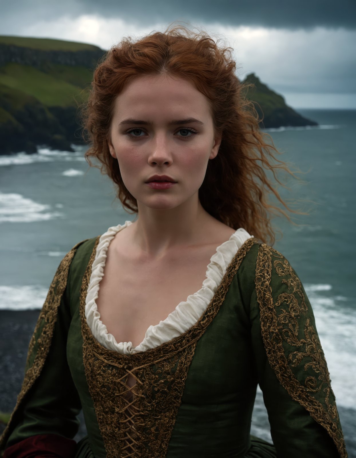 award winning film still of the Scottish coastline, photographic close-up face shot portrait of a seductive Scottish young woman, alone, medieval dress, stormy overcast weather , intricately detailed, depth of field, dramatic backlighting, cinematic LUT, film grain