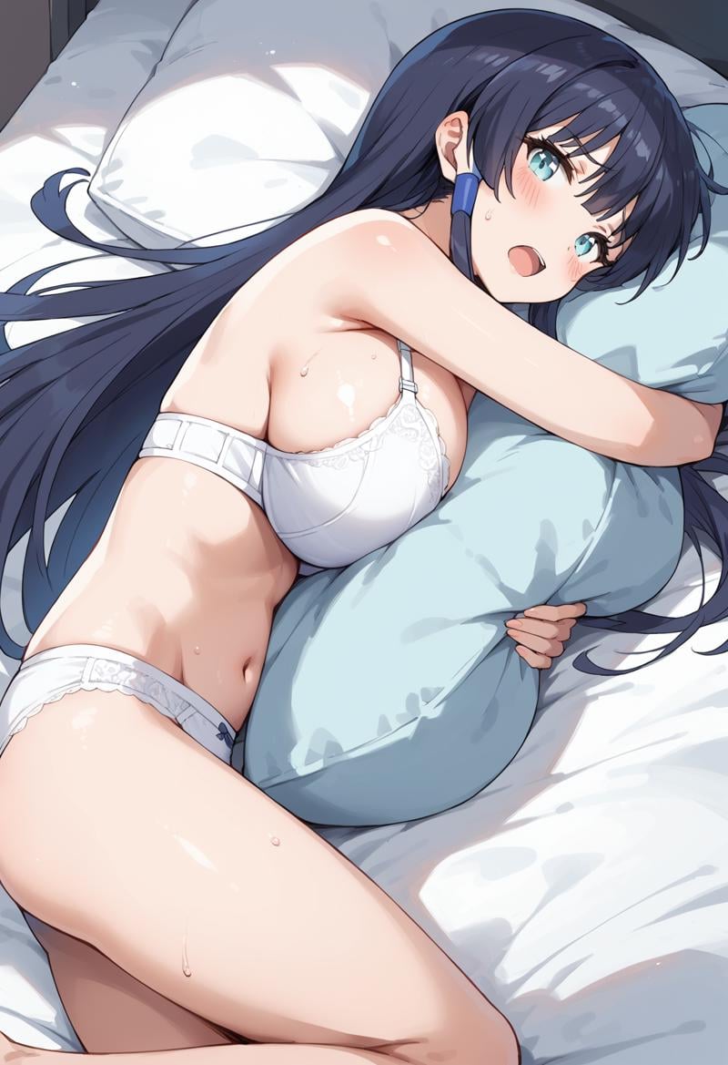 score_9, score_8_up, score_7_up, , source_anime, 1girl, solo, , , looking at viewer, , cowboy shot, , , blush,kneeling,  bed, , , on bed,  (underwear only:1.5), bra. panties, ,, embarrassed, blush, holding pillow, pillow hug,  huge breasts, freezingastaroth, ,, black hair, , , aqua eyes,, , very long hair, ,, sidelocks, hair tubes, <lora:freezingastaroth_pony-000011:1> open mouth,  sad, sweat