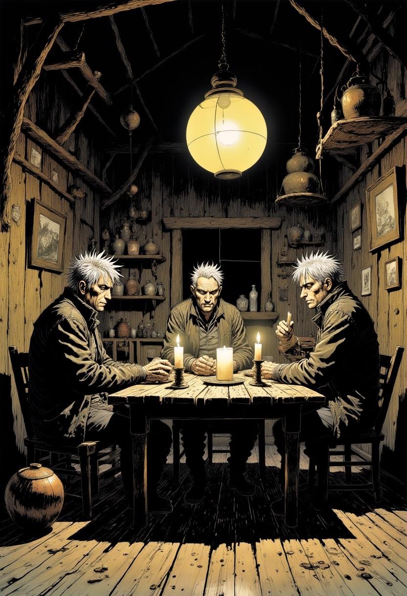 This is a detailed, highly-detailed digital drawing in a dark, moody, and gritty style. The setting is a rustic, wooden shack with a low, sloping ceiling and exposed beams. The shack is illuminated by a single, large, hanging lantern with a warm, yellowish glow, casting long, dramatic shadows.  Three figures are seated around a rough, wooden table. The man on the left has spiky, white hair and wears a dark, leather jacket over a long-sleeved shirt. His face is weathered and aged, with deep wrinkles. The man in the center has a similar appearance, with white hair and a rugged, weather-beaten face. He is also wearing a leather jacket. The third man on the right, with short, white hair, is dressed in a dark, heavy coat. All three men are holding lit candles, their faces illuminated by the flickering light. The background features wooden shelves and a small window, through which a faint light is visible. Various items are scattered around, including jars, bottles, and framed pictures. The floor is made of wooden planks, adding to the rustic, aged atmosphere of the scene. The overall mood is one of isolation and introspection. Mangaka style. <lora:Mangaka_3012:1.0>