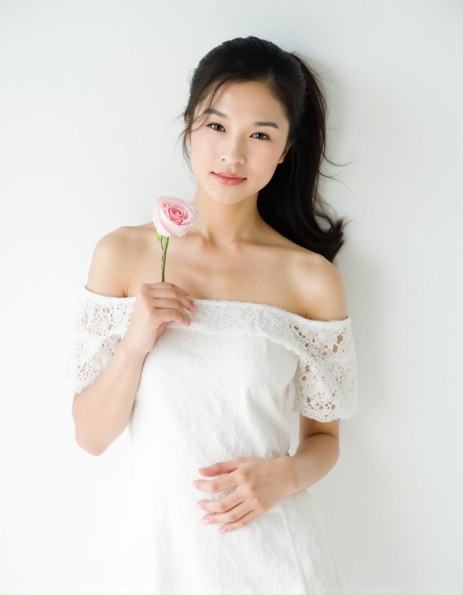 The image is a high-resolution photograph featuring a young Asian woman standing against a plain white background. She has long, dark, wavy hair styled in a loose, elegant ponytail that cascades over her right shoulder. Her skin is fair, and she has a delicate, oval-shaped face with large, expressive eyes and a gentle smile. She is wearing a white, off-the-shoulder lace dress with intricate floral patterns, which adds a touch of sophistication and femininity to her appearance. The dress is fitted at the waist, accentuating her slim figure. In her right hand, she holds a delicate, pink rose, which she is gently cradling near her chest. The rose is a focal point, adding a touch of natural beauty and softness to the image. The background is entirely white, ensuring that all attention is directed towards her. The lighting is soft and even, eliminating any shadows and highlighting her features and the lace details of her dress. The overall mood of the photograph is serene and elegant, capturing a moment of quiet contemplation and beauty.,weixiaojun,  <lora:WeiXiaoJun_Flux_V1:1>