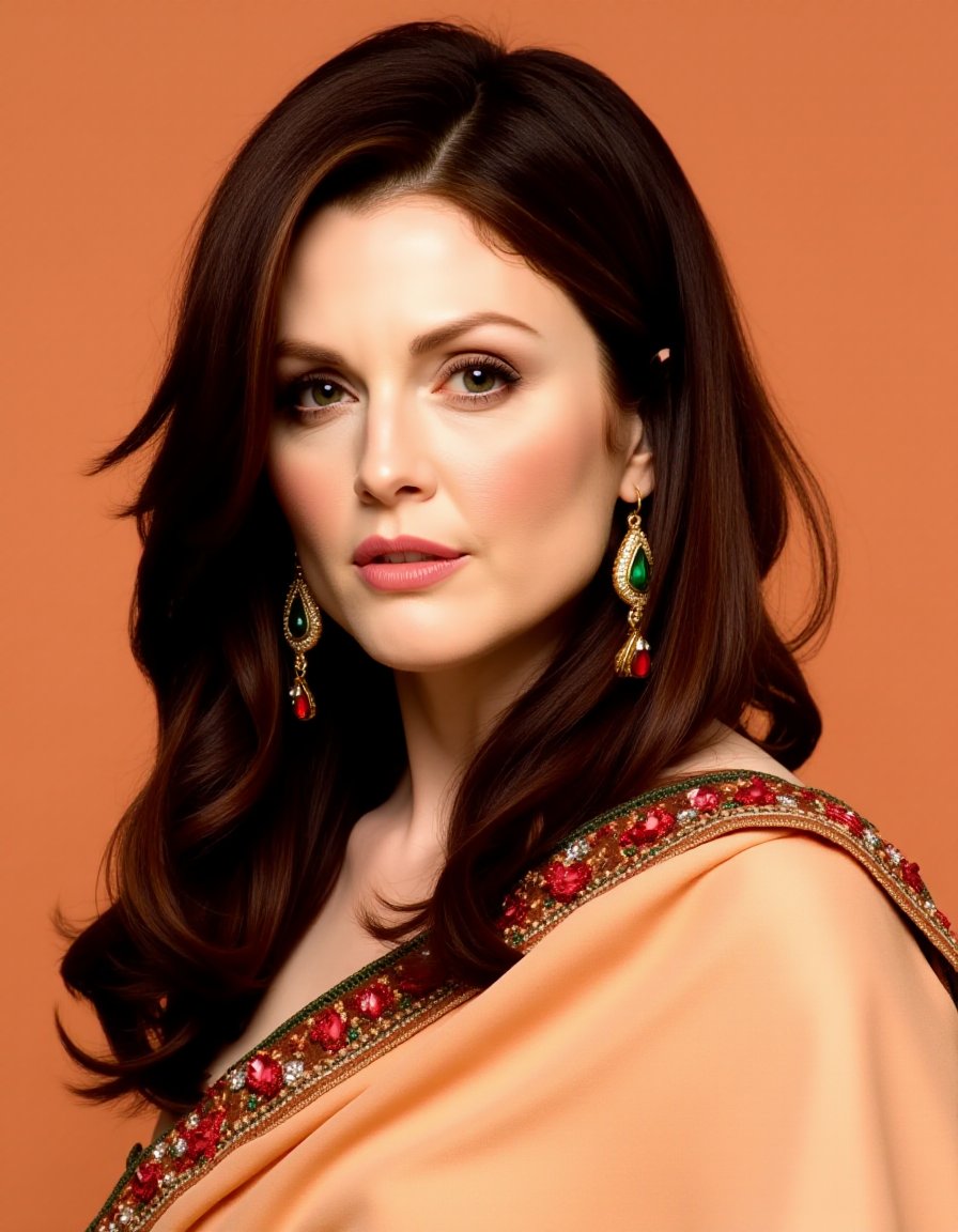 The image is a high-resolution photograph of a woman with a serene expression and a fair complexion. She has long, wavy, dark brown hair cascading over her shoulders and partially covering her face. Her hair appears slightly tousled, adding to her natural, elegant look. She has striking features with high cheekbones, full lips, and well-defined eyebrows. Her makeup is subtle yet sophisticated, featuring a light pink lipstick and soft, natural eyeshadow that complements her complexion. She wears a small bindi on her forehead, a traditional Hindu decorative mark.The woman is dressed in a traditional Indian outfit, specifically a saree. The saree is adorned with intricate embroidery in vibrant colors such as red, green, and gold, adding a touch of cultural richness to her attire. The fabric of the saree is a soft, semi-transparent material, which contrasts with the solid peach background of the image. She also wears large, ornate earrings that dangle from her ears, featuring green and red gemstones, further enhancing her ethnic style.The background is a solid, warm peach color, which creates a cozy and inviting atmosphere. The overall composition of the image focuses on the woman's face and upper body, with the saree fabric and her hair framing her face beautifully,Julianne Moore, <lora:Julianne_Moore_Flux_V1:1>