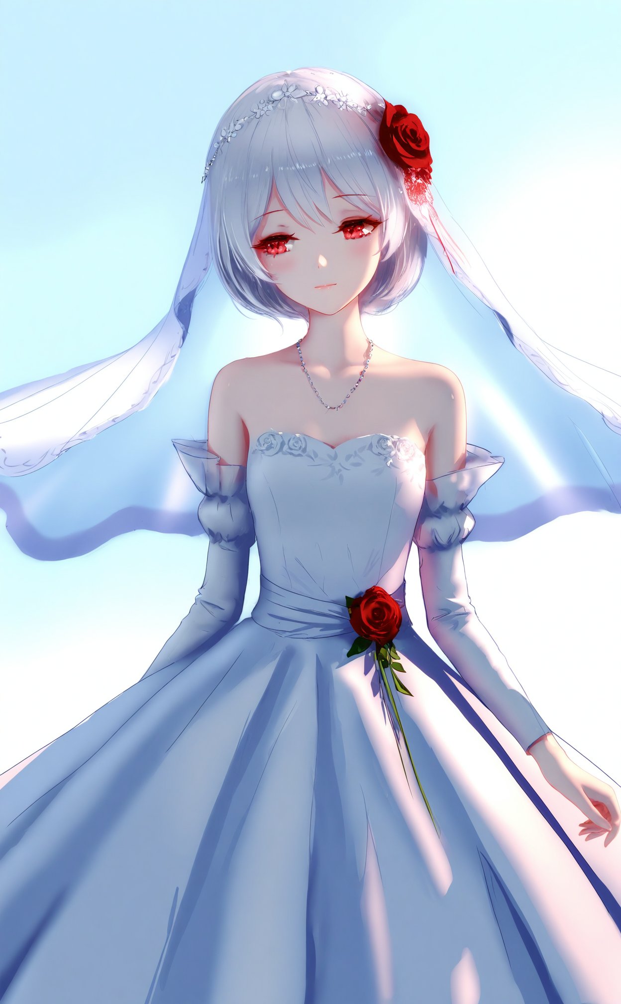 (masterpiece),(best quality),illustration,ultra detailed,hdr,Depth of field,(colorful),loli,[Artist:wlop],[[Artist:sheya]],Artist:hiten_(hitenkei),mmd,hanfu,Artist rafaelaaa,1girl,red eyes,solo,flower,dress,white hair,hair ornament,white dress,red flower,hair flower,veil,short hair,wedding dress,rose,theresa apocalypse,closed mouth,red rose,bare shoulders,bridal veil,detached sleeves,half-closed eyes,white sleeves,