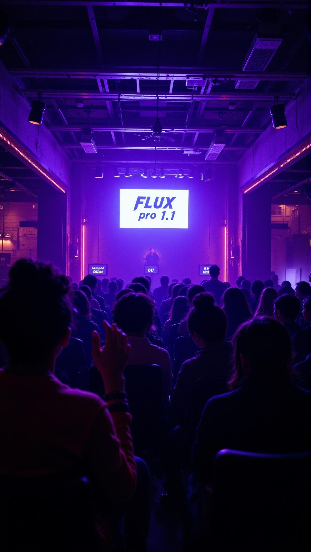 A neon-lit gaming Ranch house,  where the scoreboard flashes "FLUX pro 1.1" in bold letters as the crowd cheers under puls...