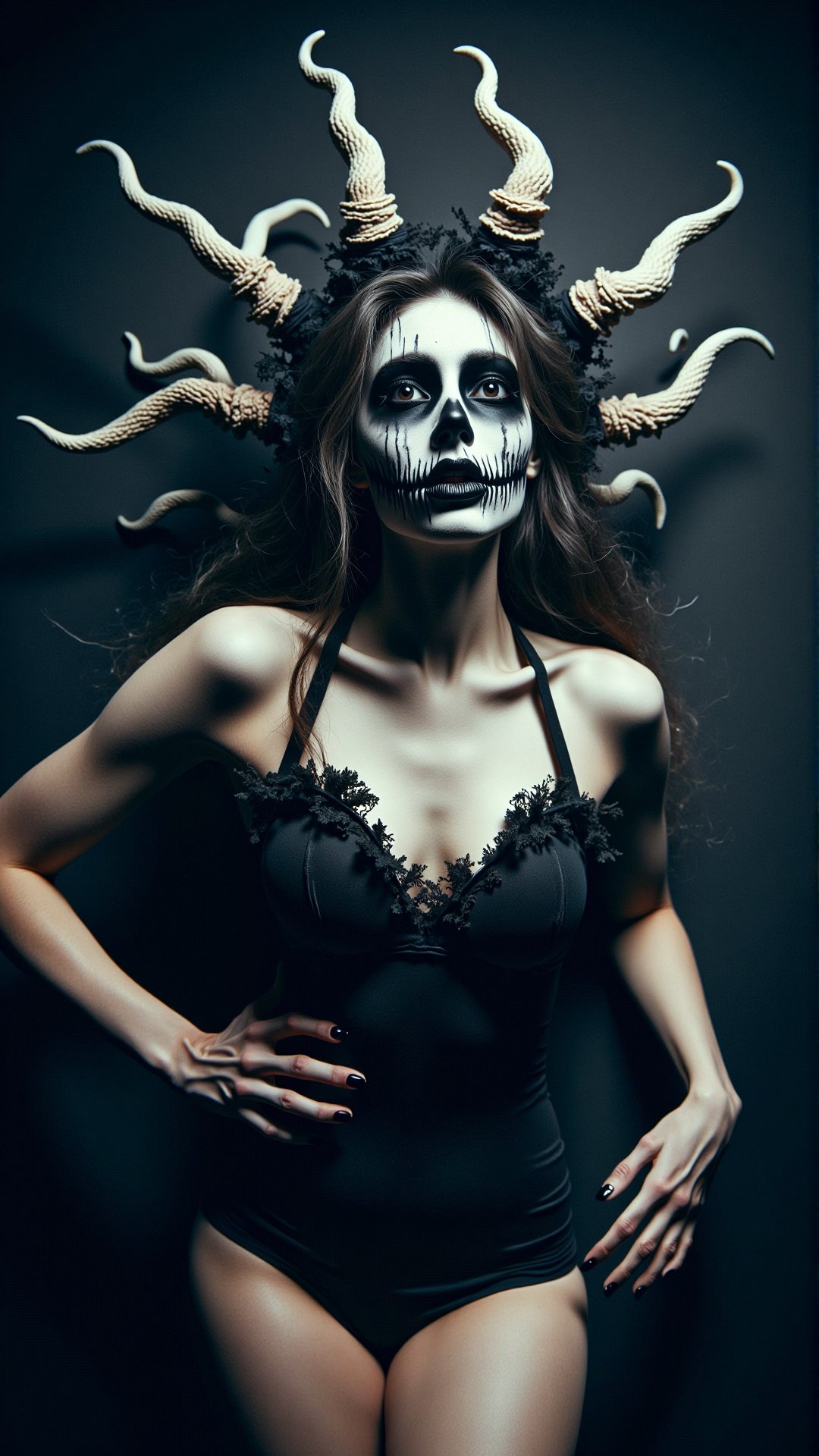 a photorealistic dark horror terror black Swimsuits <lora:DarkmosphericFlux:1> professional studio photography