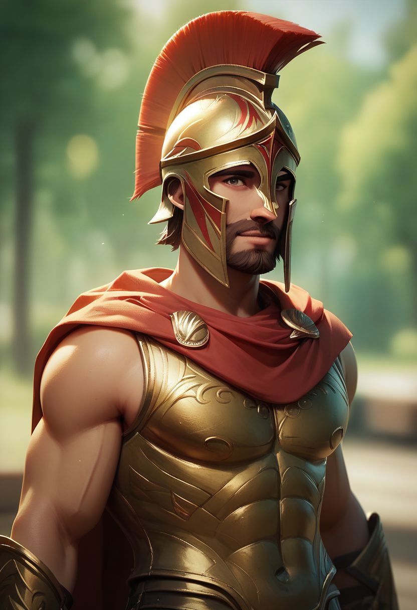 (((beautiful, high quality))), upper Body, score_9, score_8_up, score_7_up, easynegative, Spartan armor, Spartan helmet, red cloak,1boy, male focus, adult male, brown beard, muscles, blurred background,looking at the viewer, posing, blurred background,