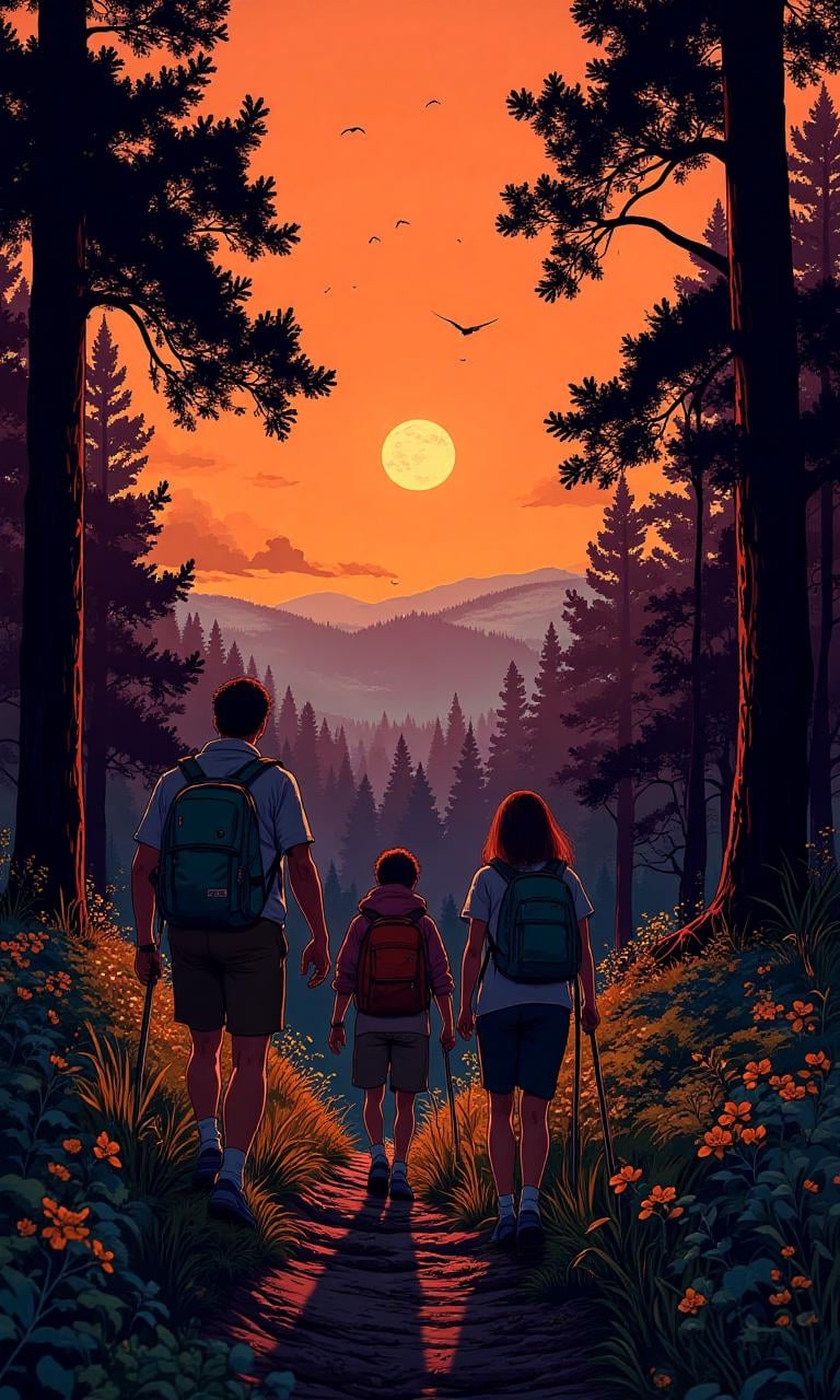 The sky is a deep shade of orange,  casting a warm glow over the forest. Three hikers,  each with a unique style by Macros...