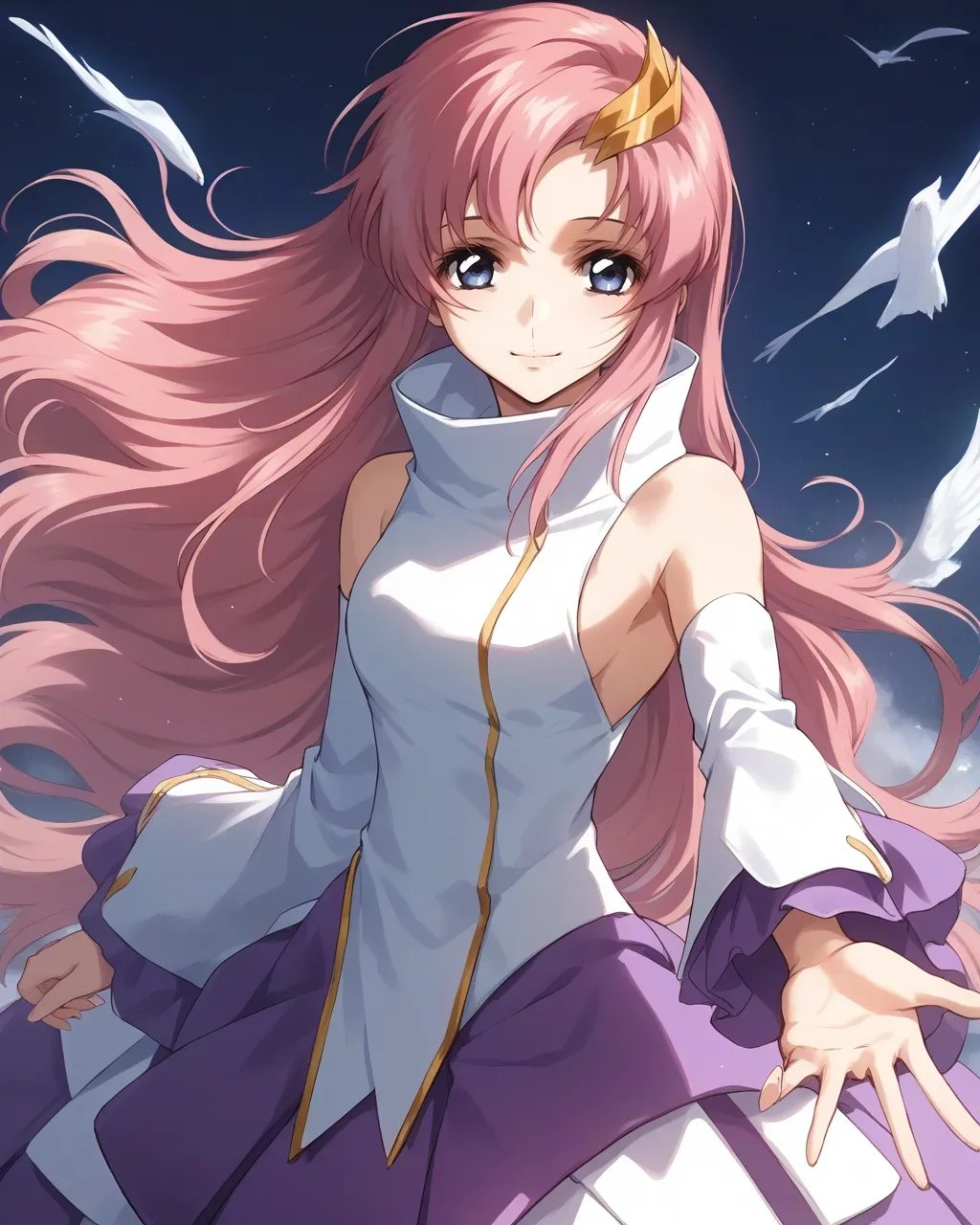 score_9,score_8_up,score_7_up,best quality, 4k, rating_safe, very aesthetic, source_anime,1girl,<lora:Lacus_Clyne>, Lacus ClyneBB,blue eyes,pink hair,long hair,hair ornament,white dress,white detached sleeves,purple skirt, cowboy shot,looking at viewer,smile,dynamic angle,reaching out,,