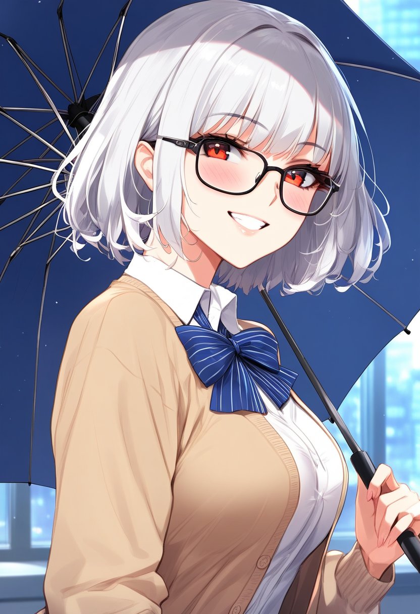 <lora:CYR 0.3v:1.1>,1girl, solo, smile, glasses, looking at viewer, red eyes, short hair, blush, bangs, shirt, bow, school uniform, upper body, breasts, white shirt, bowtie, black-framed eyewear, looking to the side, collared shirt, long sleeves, grin, from side, umbrella, cardigan, blue bow, light particles, grey hair, white hair, striped bow, parted lips, medium breasts