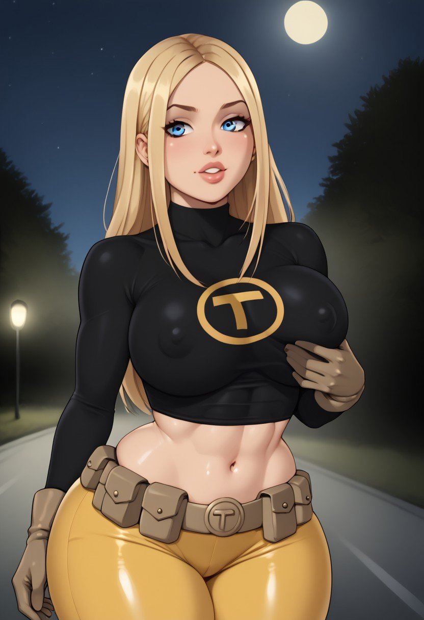 score_9, score_8_up, score_7_up, deep skin, shiny skin, (skindentation), (((highly detailed))), , high quality, highres, ((sharing)), (curvy), ((((wide hips)))),, thick thighs, cute, , sexy, huge breasts, TerraTT, TerraSDXL, 1girl, blonde hair, long hair, blue eyes, forehead, parted bangs, black shirt, long sleeves, turtleneck, midriff, navel, yellow shorts, biker shorts, brown belt, brown gloves, skintight shirt, solo,, (covered nipples), outside, night,  