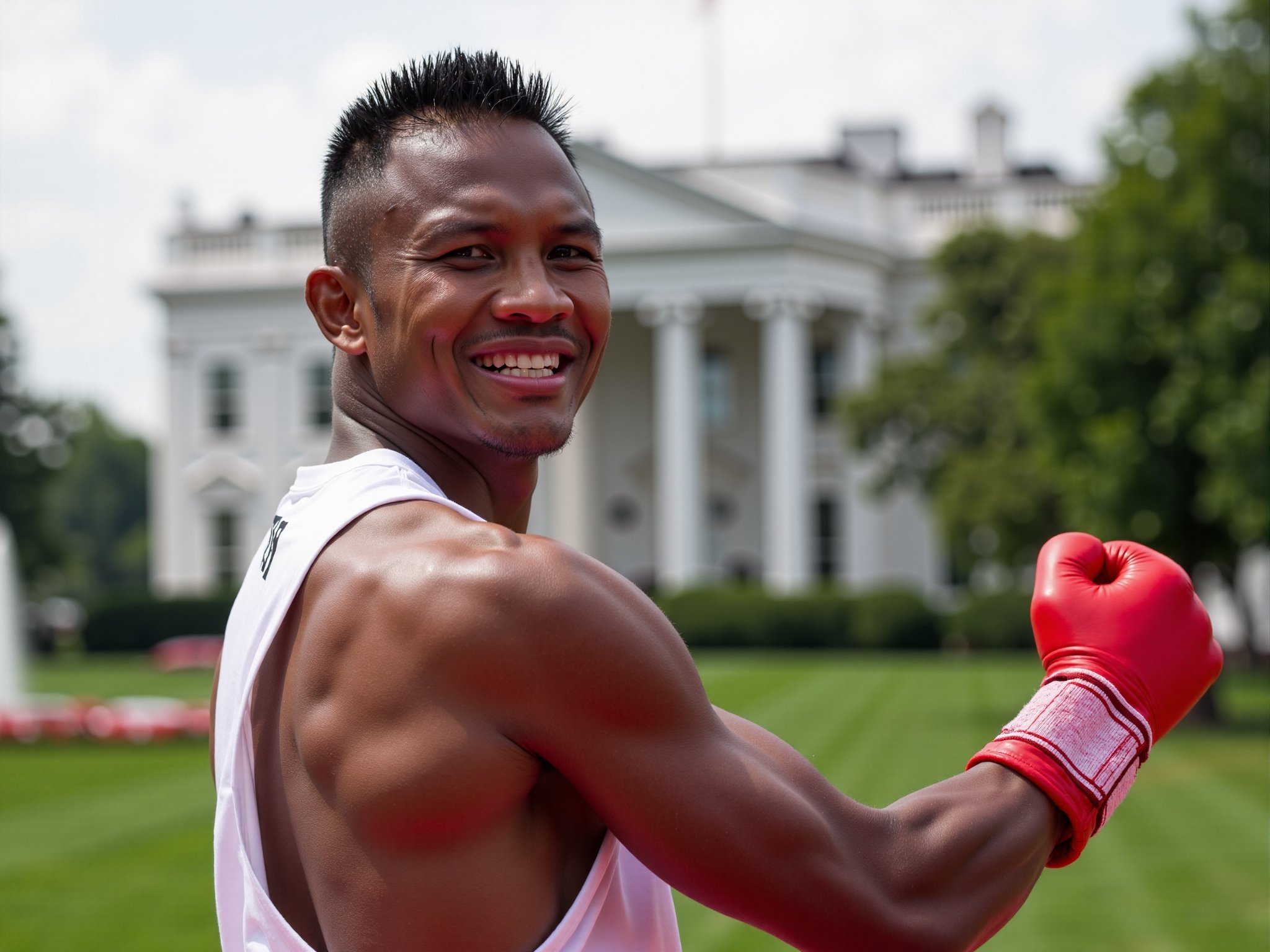 A realistic candid photo of Buakaw Banchamek. He's smiling, posing in a fighting stance position with the white house in Washington D.C. in the background. He wore a sleeveless shirt with matching boxing pants.<lora:BuakawF1_SET1_32_x32:0.9>