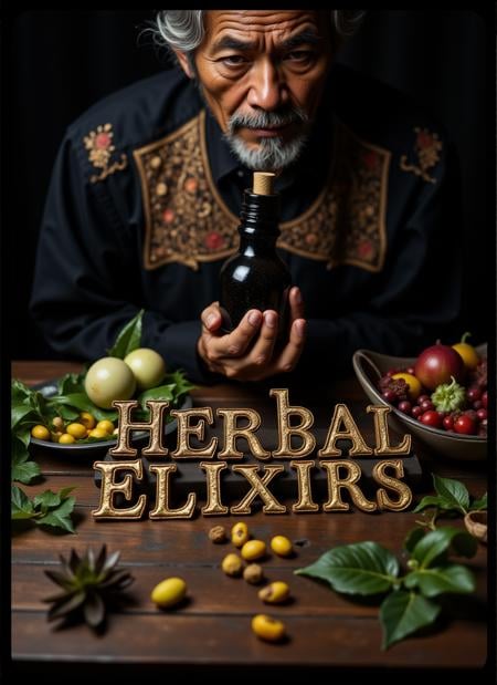 Text letters and words that says "Herbal Elixirs" in ornate lettering on a wooden table, surrounded by an aged Filipino old man holding a potion bottle, with mystical herbs scattered around. A close-up shot emphasizing the man's piercing gaze and details of the potion. A vintage style photo of medium format film photography capturing rich tones and nostalgic textures, enhanced by cinematic lighting <lora:Gaia V3 Lora:0.4>