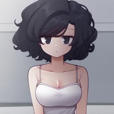 1girl, solo, short hair, black hair, curly hair, cleavage, collarbone, shorts, black eyes, camisole, white shorts