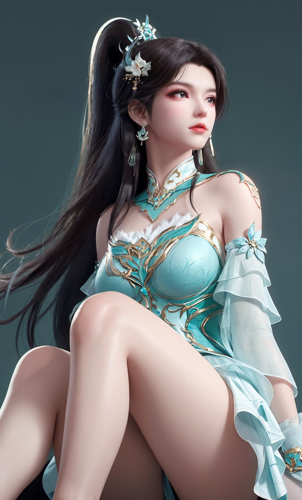 (Solid background:1.2),masterpiece,(best quality),official art,extremely detailed cg 8k wallpaper,(extremely delicate and beautiful),solo,realistic,photo_\(medium\),profile,(chinese clothing, cyan skirt,cyan dress,earrings,jewelry, bare legs, detached sleeves,earrings,bare shoulders,solo,),adfxx0.75NOST4,1girl,solo,long hair,ponytail,hair bun,black hair,hair ornament,forehead mark,<lora:xuner_douzong-10:0.7>,adfxx,