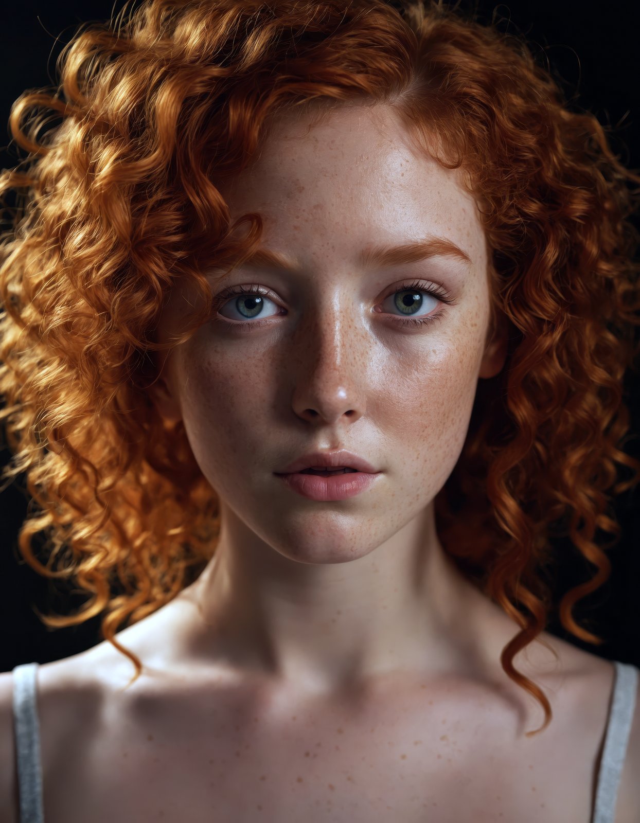 a photo portrait of a beautiful girl with curls and lots of freckles, (ginger hair), (detailed eyes), (upper body portrait:1.5), dramatic light, Rembrandt lighting scheme, (hyperrealism:1.2), (8K UHD:1.2), (photorealistic:1.2), shot with Canon EOS 5D Mark IV 