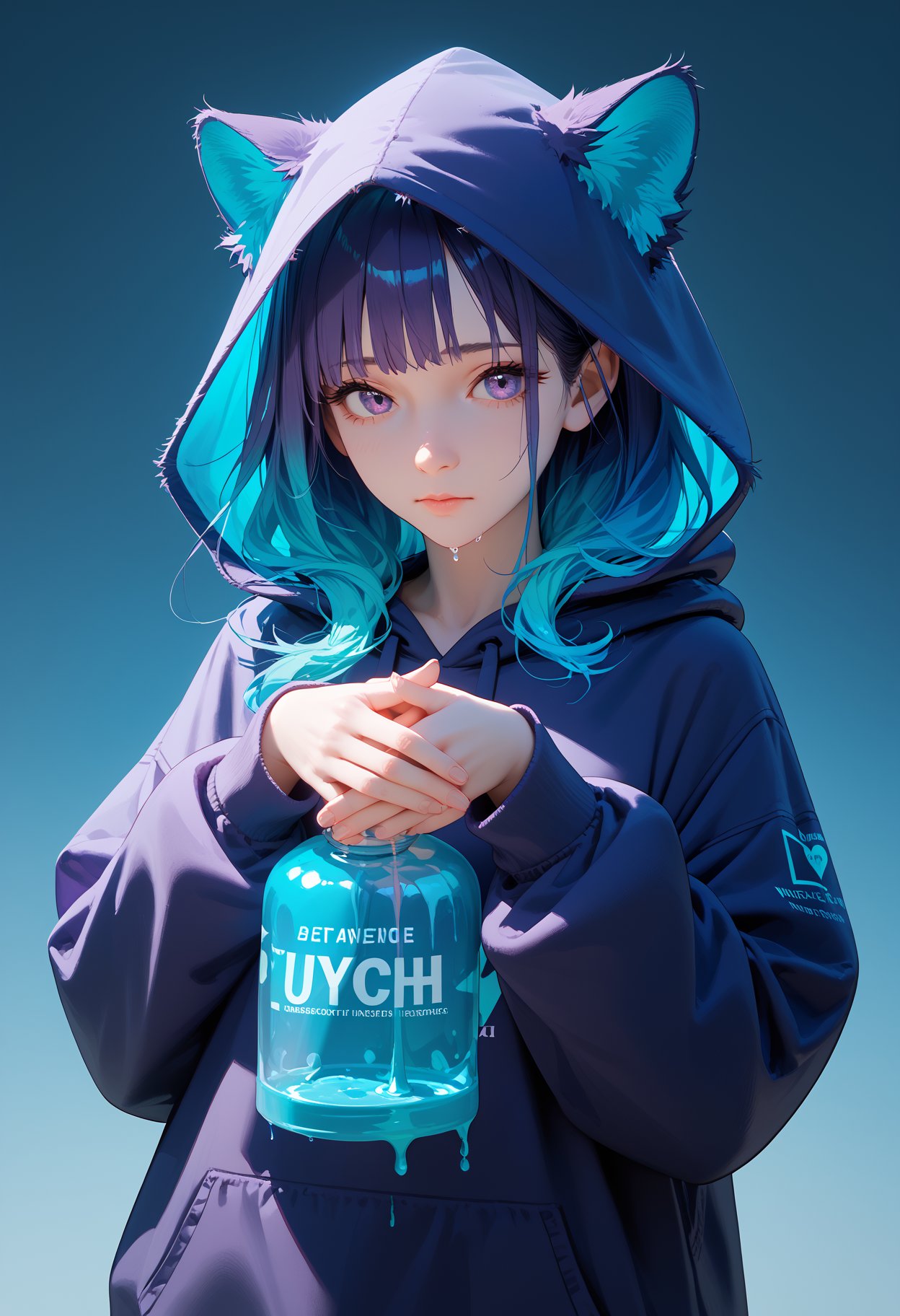 score_9,score_8_up,score_7_up,masterpiece,best quality,8k,fluffy purple to blue gradient hair,girl wearing a hoodie,show your hands,hands covered with strange cyan translucent liquid,