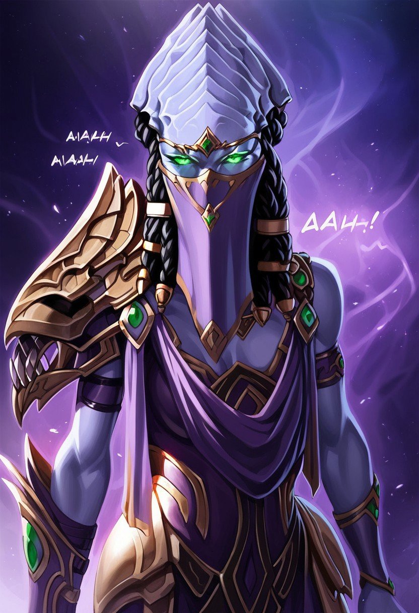 Vorazun,1girl,solo,protoss girl,no mouth,no nose,no ears,elongated head,glowing eyes,face veil,alien girl,green eyes,armor,colored skin,shoulder armor,pauldrons,braids,dreadlocks,vambraces,dress,skirt,jewerly,veil,purple dress,seductive pose,score_9, score_8_up, score_7_up, beautiful aesthetic, very intricate, high quality details,vibrant, highly detailed, award-winning, professional,anime artwork, anime style, studio anime, athletic, toned female,muscular milf,curvy body, athletic girl,fit girl, ,looking at viewer, pinup pose,teasing, dynamic lighting, cinematic, smug, better than you, aura of temptation, highly detailed, high resolution, masterpiece, detailed clother, detailed background, highly detailed, ((sound effects)) comic layout,