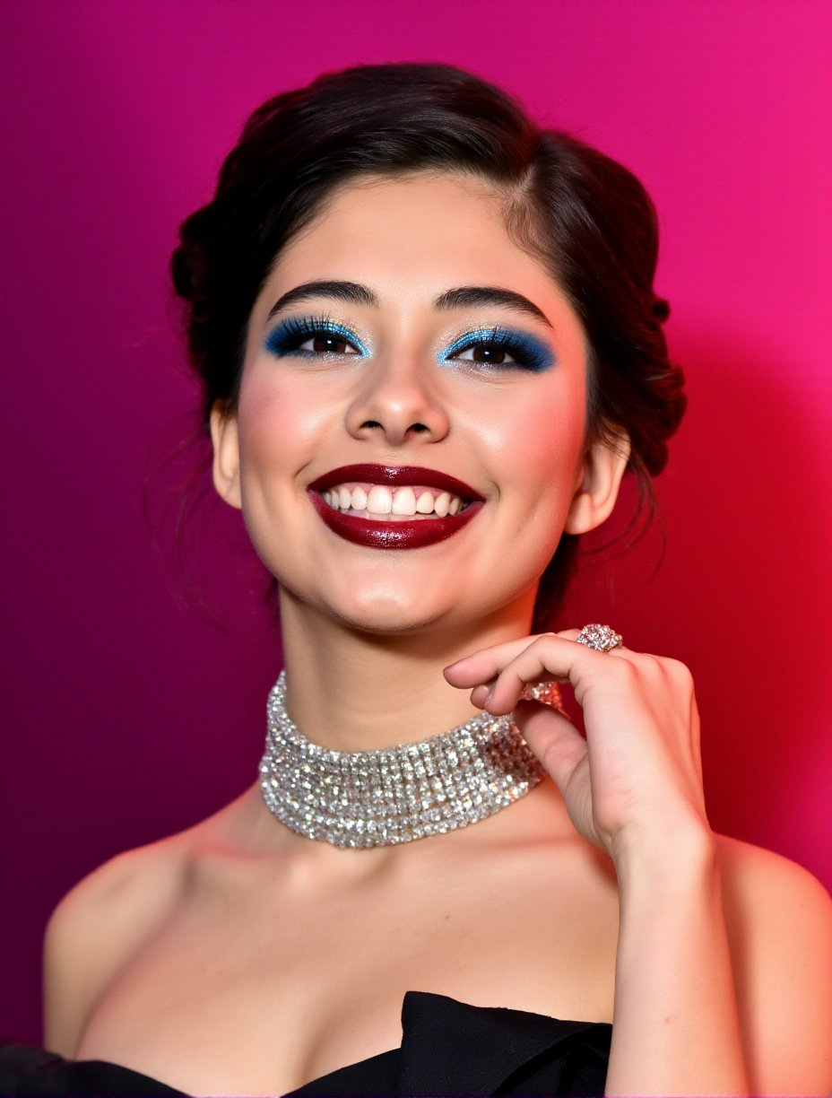 This is a high-resolution photograph of a young woman with fair skin and light brown hair styled in an elegant updo. She has striking makeup that includes bold, glittery blue eyeshadow with sharp black winged eyeliner, and her lips are coated in shiny, dark red lipstick. She wears a silver nose ring and a sparkling choker necklace that adds a glamorous touch to her outfit. Her eyebrows are well-groomed, and her eyelashes are heavily mascaraed, giving her a dramatic, eye-catching appearance. The background is a gradient of pink and red, enhancing the vivid colors of her makeup. Her expression is slightly tilted to the right, with her right hand gently touching her cheek, adding a touch of sensuality to the image. The lighting is soft but highlights the shimmering textures of her makeup and jewelry. The overall aesthetic is a blend of modern glam and edgy fashion, emphasizing bold, eye-catching elements.,Xochitl Gomez,<lora:Xochitl_Gomez:1>