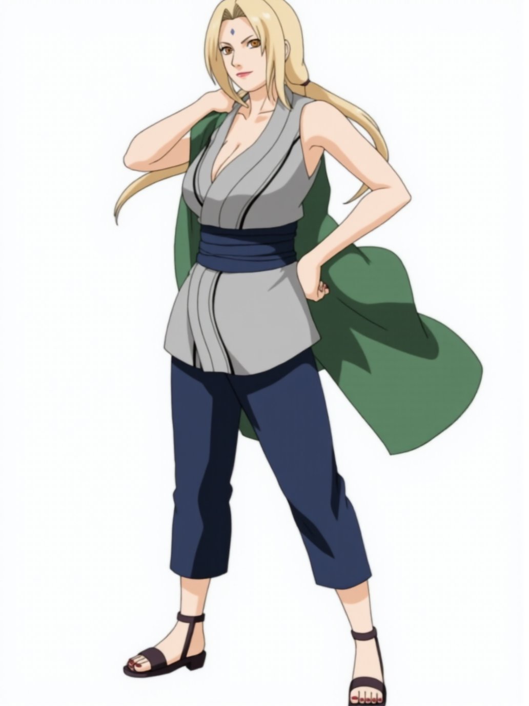 This image is a digital drawing of a female character from the anime series "Naruto," specifically depicting tsunade. The character is depicted in a dynamic pose, standing confidently with her left hand on her hip and her right arm raised, as if ready to strike. She has long, straight, blonde hair that cascades down her back and shoulders. Her eyes are a striking yellow, and she has a serene, determined expression on her face.tsunade is dressed in a traditional ninja outfit consisting of a sleeveless, gray, form-fitting top with a high neckline and a dark blue, wide sash tied around her waist. She also wears dark blue, loose-fitting pants that end just above her ankles. On her feet, she has black, open-toed sandals. She carries a large, green cloak draped over her right shoulder, which flows behind her, adding a sense of movement and power to her stance.making tsunade the focal point of the image, and highlighting the intricate details of her outfit and the sharpness of her features. The style of the drawing is typical of anime art, characterized by clean lines, vibrant colors, and exaggerated facial expressions.,tsunade,<lora:Tsunade_Flux_V1_r1:0.9>