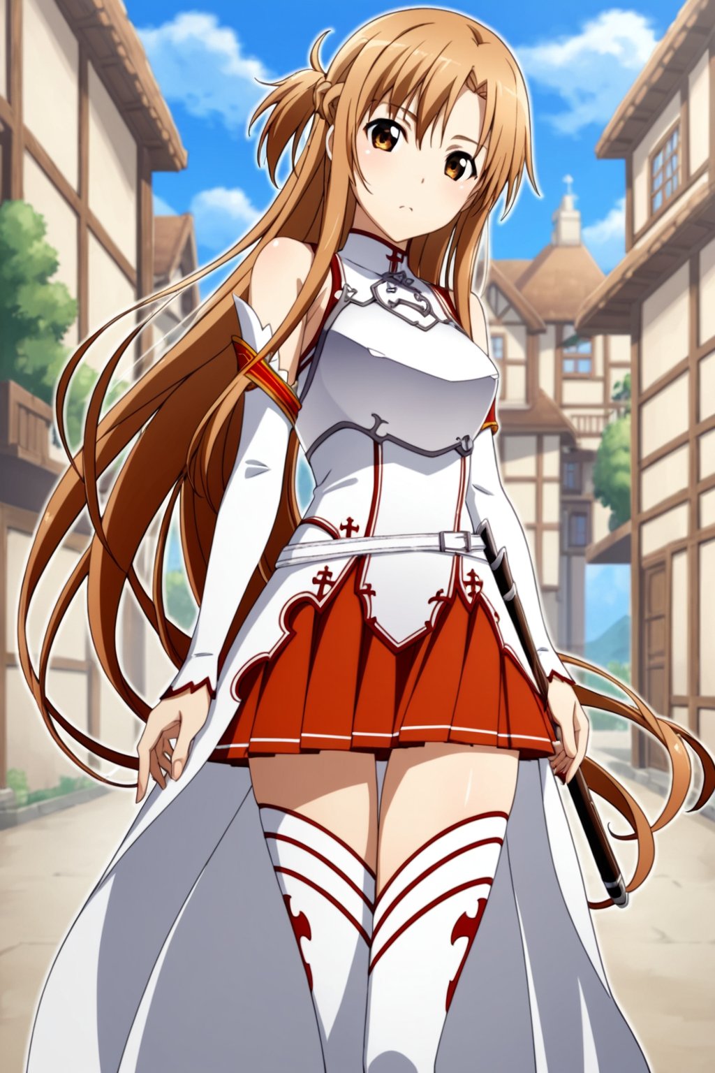 score_9, score_8_up, score_7_up, score_6_up, score_5_up, score_4_up, masterpiece,best quality, source_anime, yuuki asuna, 1girl, long hair, solo, brown hair, thighhighs, brown eyes, breastplate, armor, skirt,white thighhighs, looking at viewer, very long hair, pleated skirt, red skirt,detached sleeves, zettai ryouiki, outdoors, masterpiece, best quality, town,<lora:yuuki asuna hassaku 1015:0.8>