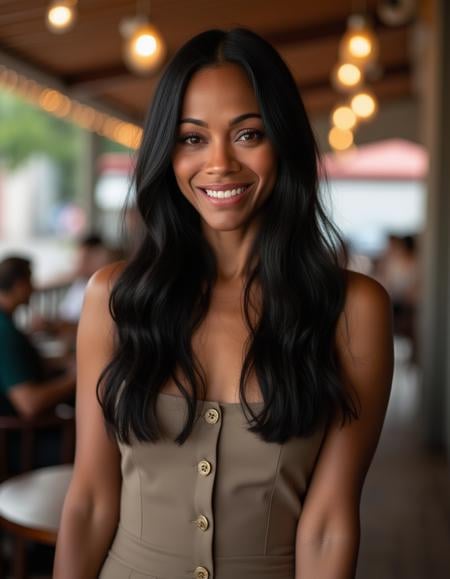 <lora:Zoe_Saldana_Flux:1> The image is a photograph of a woman with  long black hair, wearing a dress standing in a cafe. looking a the viewer, smile