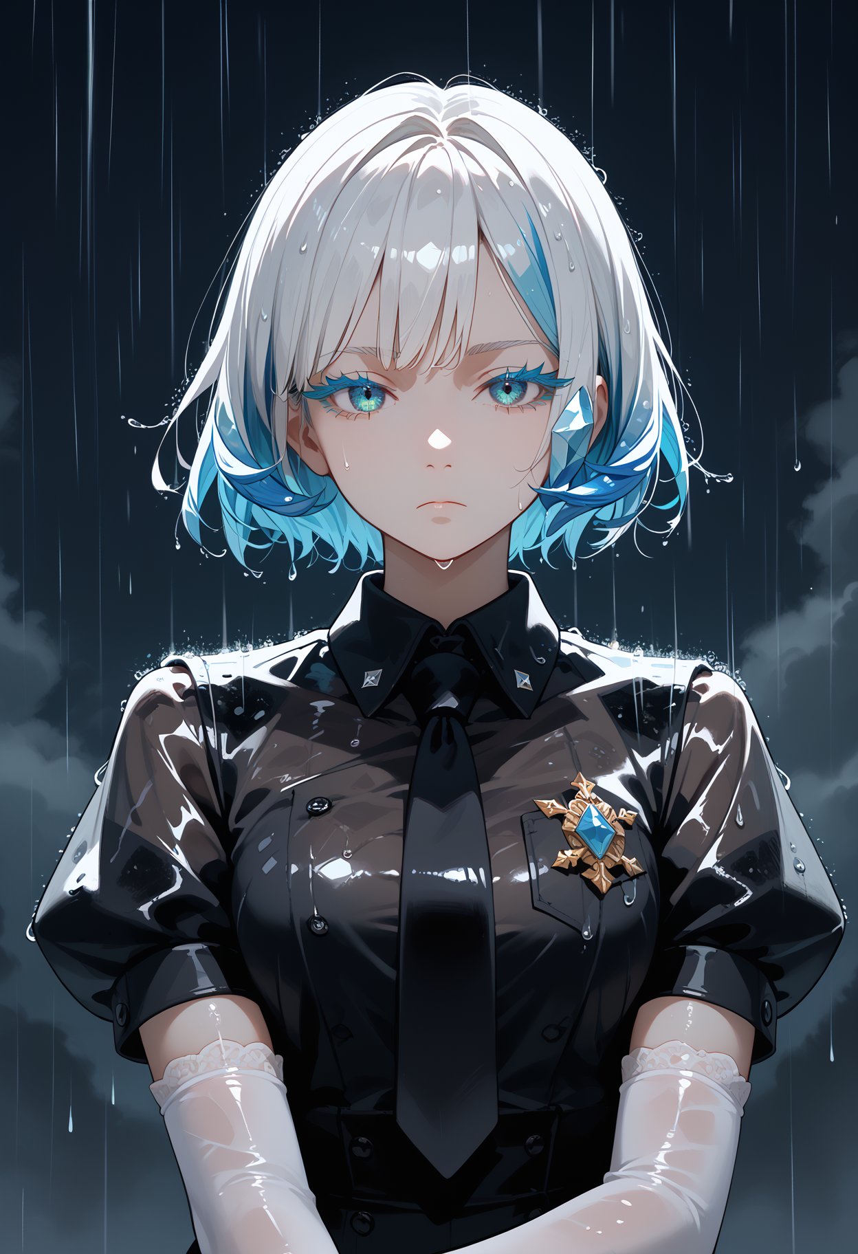 score_9,score_8_up,score_7_up,masterpiece,best quality,8k,1girl,hskdmnd,crystal hair,colored eyelashes,multicolored hair,short hair,black shirt,puffy short sleeves,collared shirt,black necktie,white elbow gloves,looking at viewer,expressionless,dark background,rain,