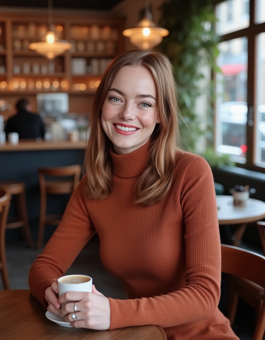 <lora:Emma_Stone_r2:1>  realistic photo of emmastone,  wearing a fitted turtleneck sweater dress,  in a cafe having a coffee. looking at viewer smiling 