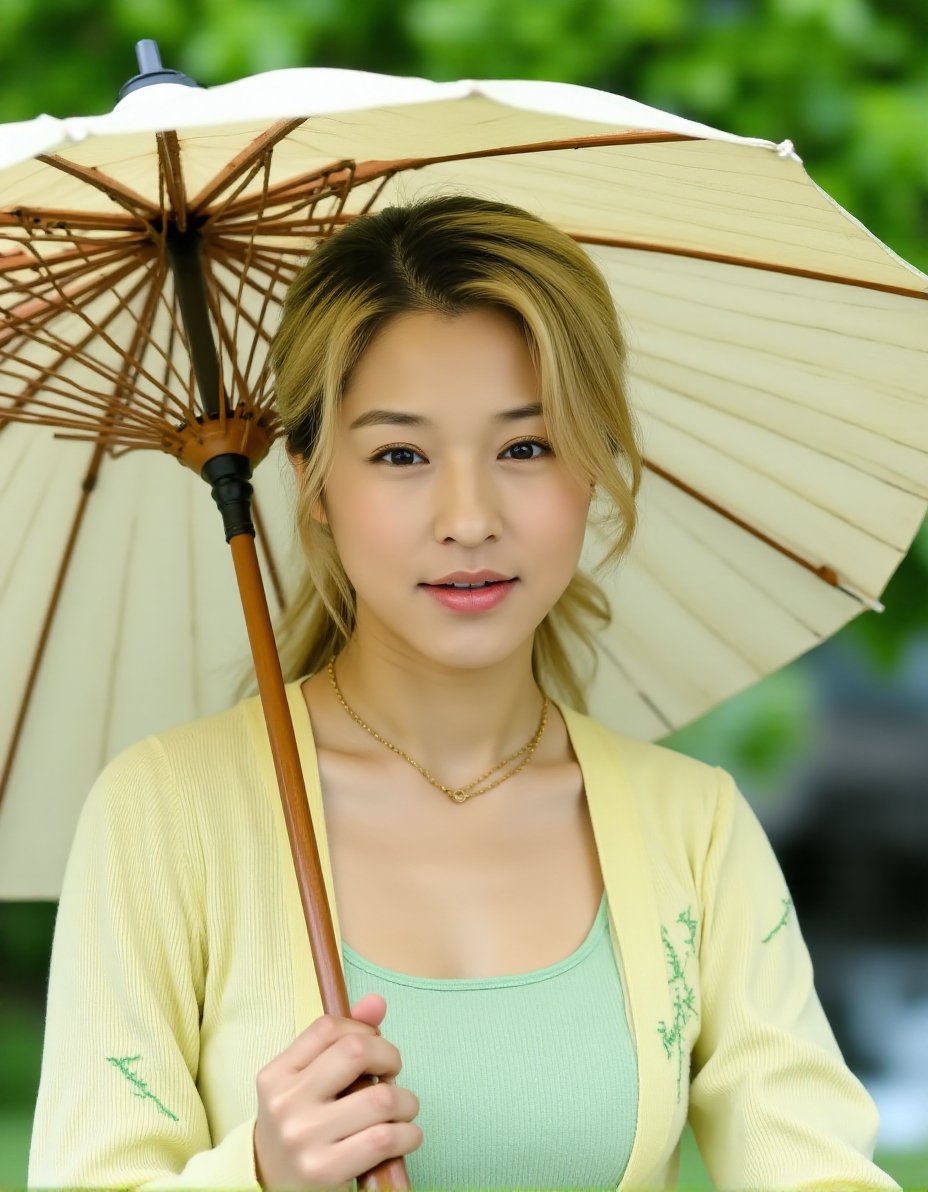 A young woman with light blonde hair styled in loose waves and striking blue eyes rocks a traditional Chinese sun parasol, showing off its light beige fabric and wooden spokes. Her face is framed by the parasol, with a subtle smile and a slight blush on her cheeks. She's sporting a pale yellow, ribbed cardigan with green embroidery on the front and a light green top underneath. Around her neck, she's got a delicate gold necklace with a small pendant. The background is a bit fuzzy but filled with lush green leaves and a hint of a water feature, suggesting an outdoor setting in a garden or park. The natural light gives off a soft, dreamy vibe, highlighting the chill and serene mood of the scene.,,weixiaojun,  <lora:WeiXiaoJun_Flux_V1:1>