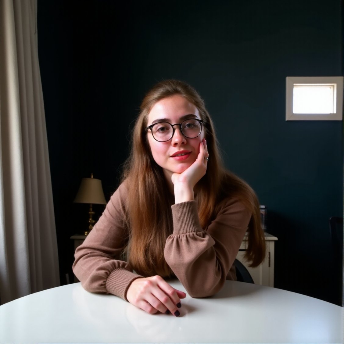 This is a high-resolution photograph of a young woman leaning on a white table, gazing pensively out a window. She has long, straight, light brown hair that falls past her shoulders, and she wears large, black-framed glasses that accentuate her light skin tone and delicate features. Her expression is introspective, with her lips slightly parted and her eyes looking slightly downward. She is dressed in a cozy, long-sleeved, brown sweater with a subtle pattern of small white dots, which adds a soft texture to the image. Her fingernails are painted a dark shade, possibly black or dark purple, and she holds her chin with her right hand, resting her left elbow on the table. The background features a dark, possibly black, wall with a small window on the right side, partially covered by light-colored curtains. The lighting in the photograph is soft and natural, coming from the window, creating a gentle, intimate atmosphere. The overall mood of the image is contemplative and serene, capturing a moment of quiet reflection.,Hillary_Clinton, <lora:Hillary_Clinton_Flux_V1:1>