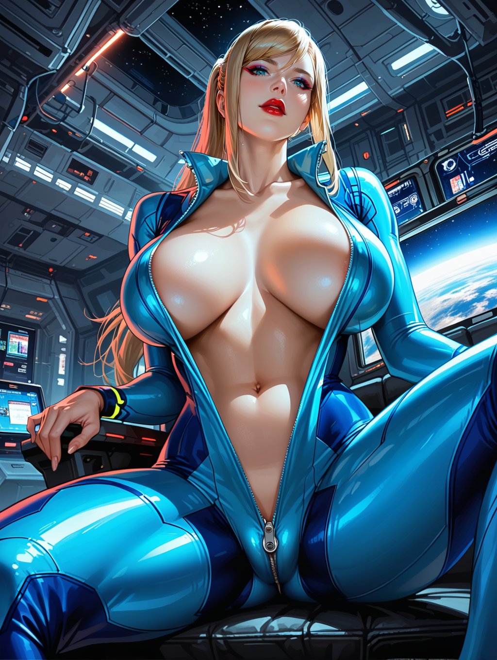 score_9, score_8_up, score_7_up,source_anime, ,futuristic,photorealism, realistic, unrealstyle,in a spaceship,in space,,night,void,dark,stars,neon light,light from behind,cinematix light ,steamy, 1girl(blonde,samus_aran,zero_suit,collarbone,huge breasts,breasts apart,makeup,red lips,open blue body suit,plunging cleavage,open zipper,sitting,leaning back,breasts apart,hanging breasts),open legs,teasing,clothes pulled,skindentation,sitting in driver seat,spaceship_handle,flight-control system,lever,flashing_lights,low angle,from below,viewer between legs 