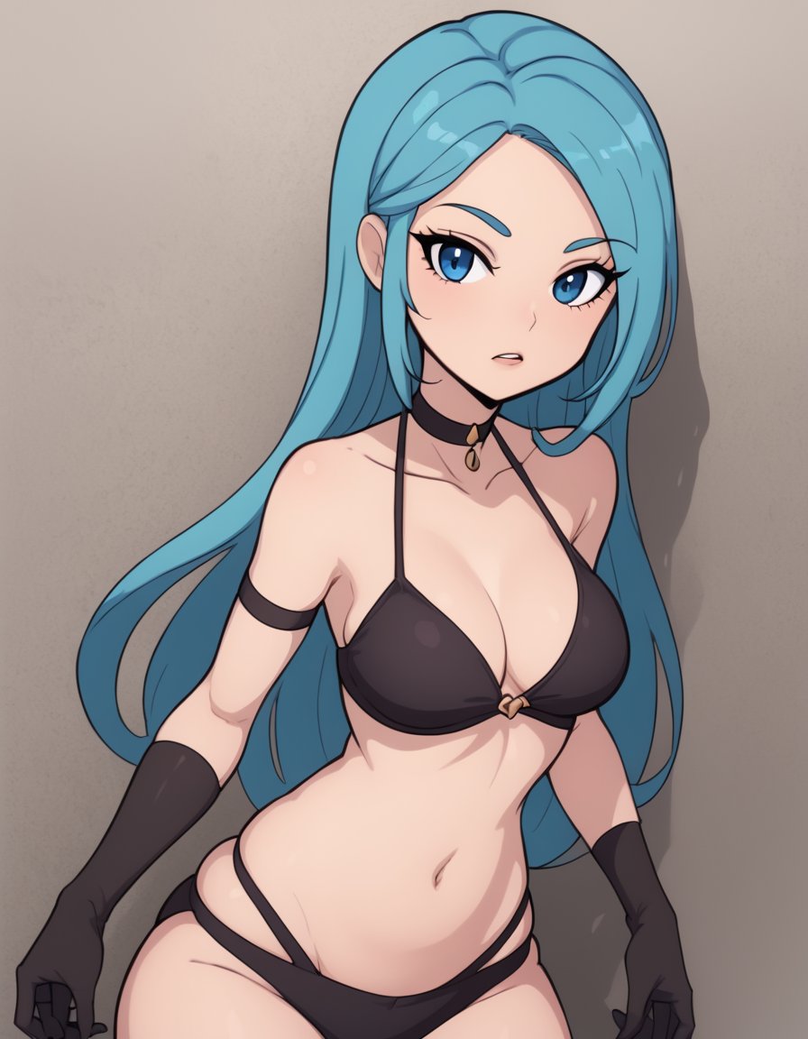 <lora:cartoonstv02XLP:1> cartoon_style, 1girl, solojewelry, blue hair, collarbone, sisters, long hair, choker, navel, gloves, blonde hair, swimsuit, breasts