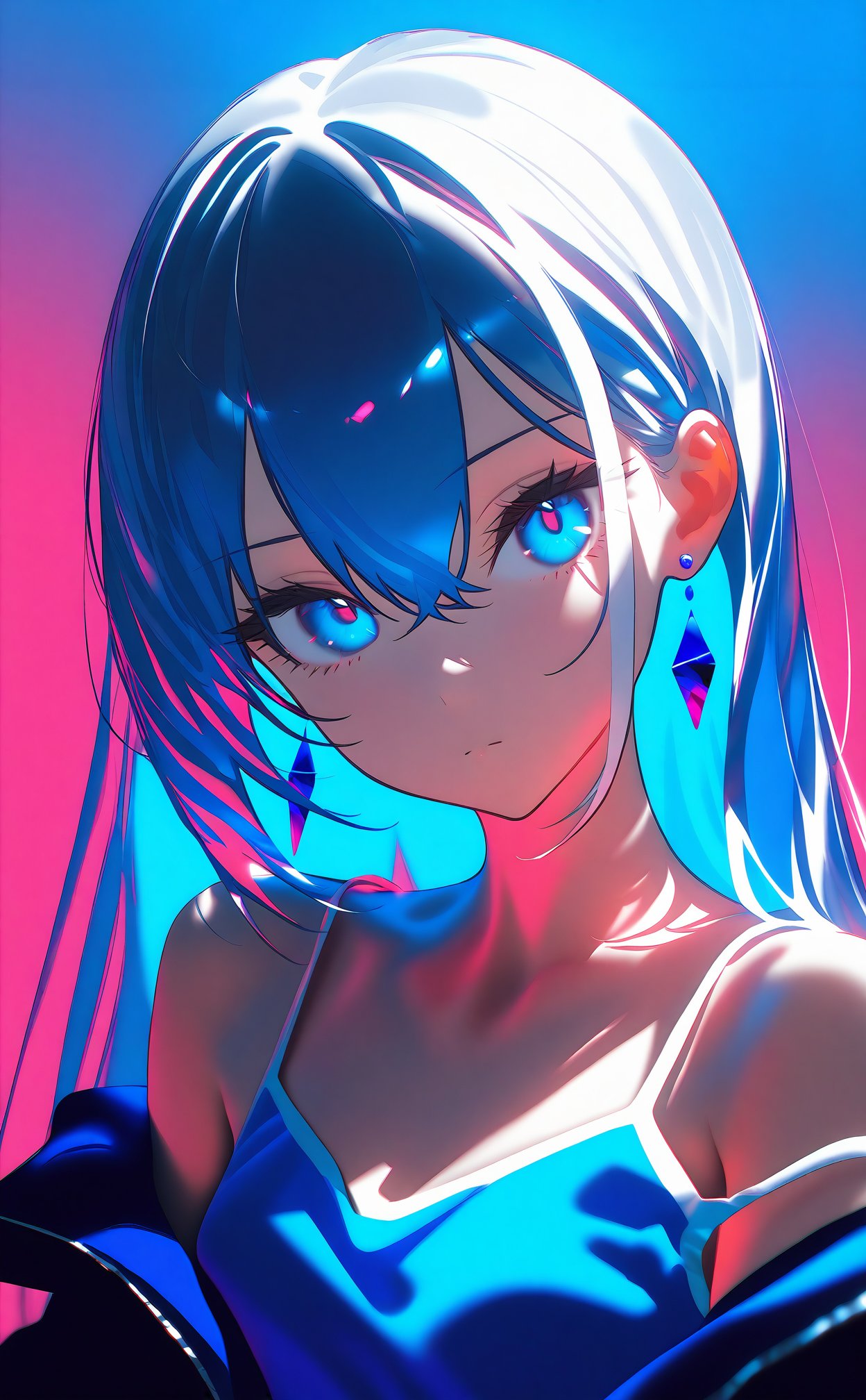 masterpiece,best quality,high quality,1girl,solo,long hair,looking at viewer,blue eyes,upper body,head tilt,blue theme,jacket,closed mouth,earrings,bare shoulders,white hair,off shoulder,strap slip,jewelry,collarbone,camisole,blue background,backlighting,blue hair,pink background,multicolored hair,gradient background,simple background,hair between eyes,expressionless,spaghetti strap,tank top,blue jacket,shirt,sidelocks,glowing,