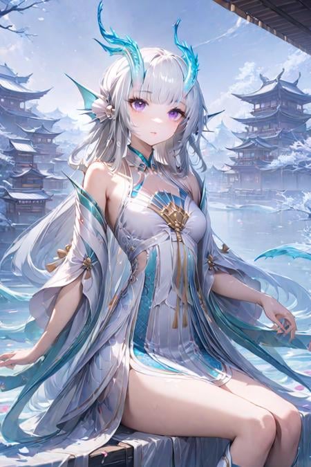 masterpiece, best quality, perfect features, intricate details, 1girl, solo,looking at viewer, sit, upper body, , east asian architecture, sky, blue sky,petals, depth of field,water, bare legs, white hair, purple eyes, dragon horns, fins, head fins, dress, bare shoulders,white boots, <lora:Xishi_YLQY_xl:0.8>