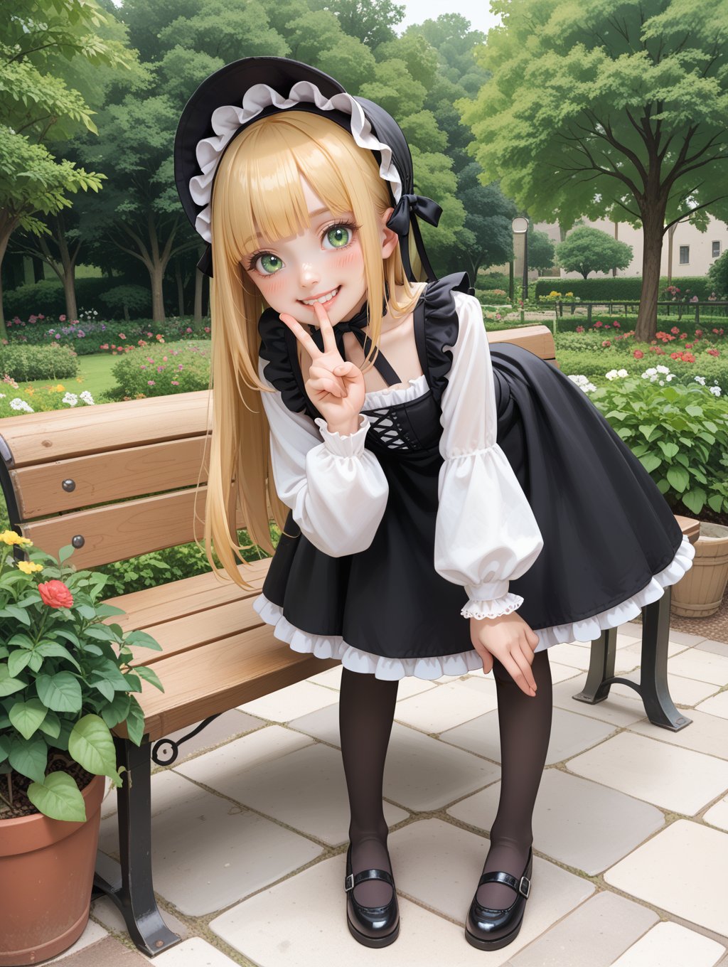 score_9, score_8_up, score_7_up, 1girl, solo, flat chest, blush, victorique de blois, blonde hair,long hair,blunt bangs,green eyes,black bonnet, hairband,chin strap, gothic, black dress, long dress, ribbon, frills,pantyhose,black shoes, blush, ((v)), v over mouth, smile, teeth, (leaning forward, bent over), outdoor, highly detailed, tree, garden, wooden bench,