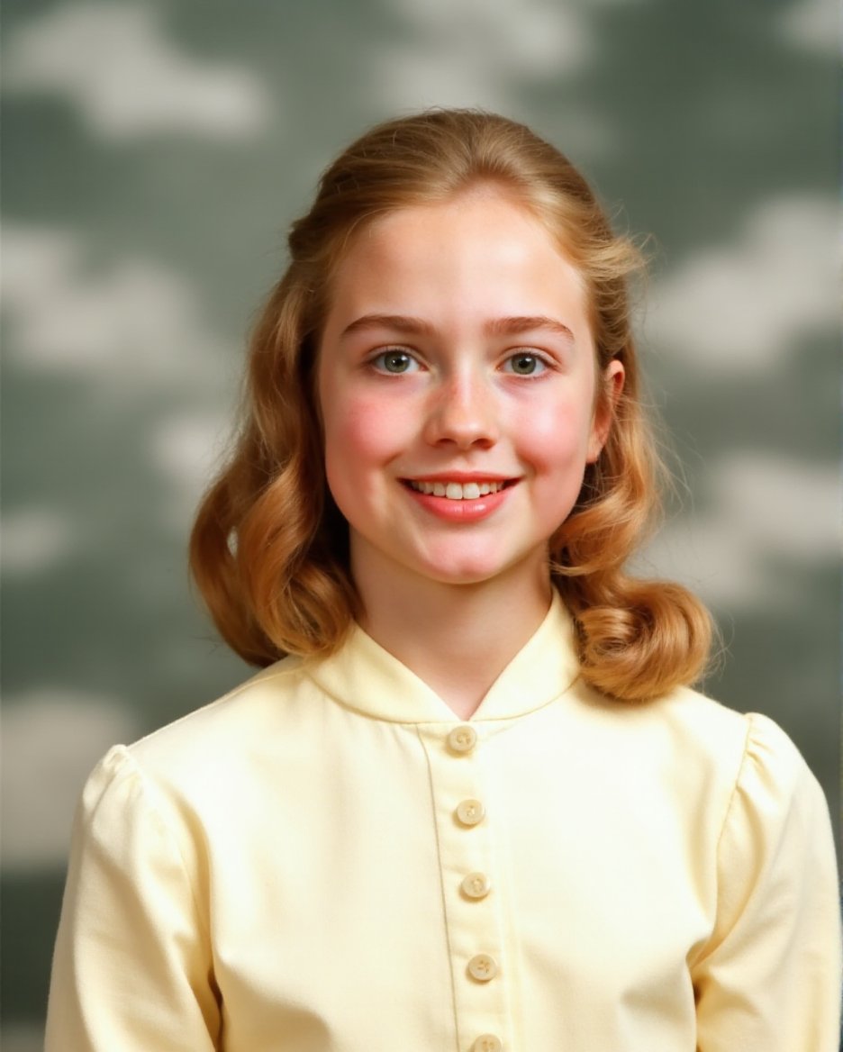 This  photograph features a young girl with a warm, gentle expression. She has shoulder-length, wavy blonde hair that frames her face softly. Her eyes are wide and bright, and she has a slight smile on her lips, revealing her teeth. She is wearing a light-colored, high-collared dress with a pattern of small, round buttons down the front. The dress appears to be made of a smooth fabric, possibly cotton or a similar lightweight material. The background is blurred and out of focus, creating a soft, seamless backdrop that contrasts with the sharpness of the girl's face and dress. The lighting is even, highlighting her features and the details of her clothing. The overall mood of the photograph is nostalgic and serene, capturing a moment of innocence and simplicity. The texture of the dress and hair suggest a Late-20th century style, likely taken during the 1970s or early 1980s. The photograph has a classic, timeless quality, emphasizing the girl's natural beauty and the simplicity of the moment.,Hillary_Clinton, <lora:Hillary_Clinton_Flux_V1:1>