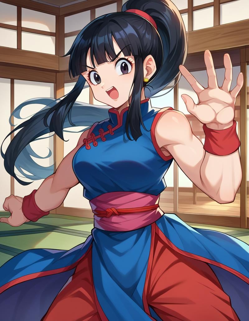 score_9, score_8_up, score_7_up, source_anime,dragonballchichi, <lora:dragonball-chichi-ponyxl-lora-nochekaiser:1>,chi chi, black eyes, black hair, long hair, hime cut, blunt bangs, sidelocks,bare arms, blue dress, china dress, chinese clothes, dress, high collar, obi, pants, ponytail, red pants, red sash, red wristband, sash, side slit, sleeveless, sleeveless dress, wristband,indoors, dojo, fighting stance, open mouth,looking at viewer, dutch angle, cowboy shot,