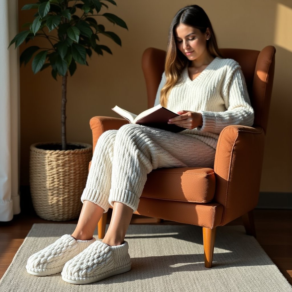 A full image with a face of a woman is seated comfortably in a cozy coffee chair reading a book , wearing minimalistic  pair of  fotwerslprs woolen whitish slippers The closed-toe and heel design ensures full foot coverage, with the interior lined for extra softness. The woman’s feet rest casually on a simple, soft grey door mat that complements the grey slippers. She is dressed in comfortable loungewear, relaxed in the chair, with her legs slightly extended, emphasizing the cozy, homely atmosphere. The coffee chair has a warm, neutral tone, and the setting is illuminated by soft, warm lighting, creating a relaxed and inviting mood. The entire scene radiates comfort, warmth, and relaxation, perfect for a quiet moment at home <lora:fotwerslprs-000012:1>