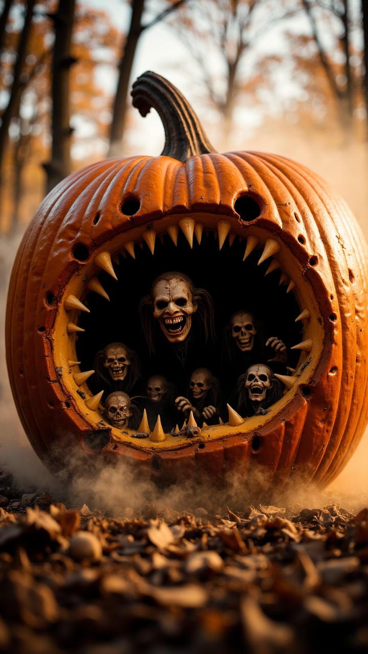 A giant pumpkin explodes in a dynamic movement, while its interior is made up of slimy, nightmarish creatures fleeing in all directions, as if the pumpkin were a living body releasing its demons.     , aidmaHalloweenBoost