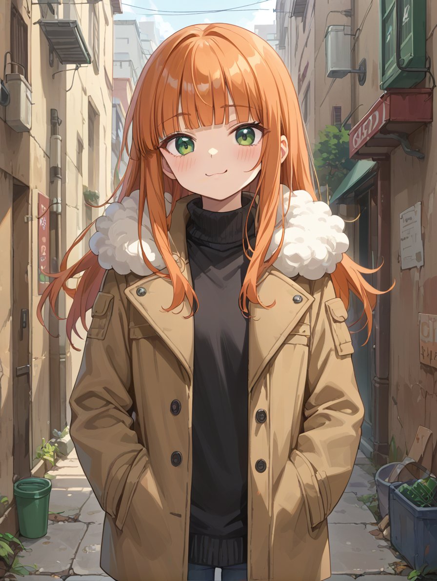 score_9, score_8_up, score_7_up,source_anime, 1girl, solo, blunt bangs, orange hair, green eyes, long hair, sidelocks, solo, outfit, jacket, wool jacket, coat, turtleneck, fur trim, blush, smug, (kabedon on viewer), BREAK outdoor, alley,