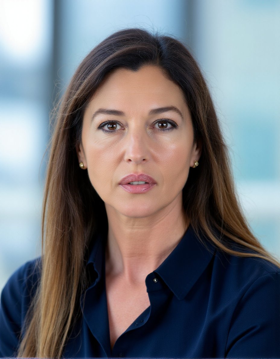 This is a photograph of a woman with a fair complexion, long straight brown hair parted in the middle, and light blue eyes. She appears to be in her late 30s to early 40s. Her expression is slightly pensive or contemplative, with her lips slightly parted and her eyebrows furrowed slightly. She is wearing a dark blue blouse with a smooth texture, and small gold stud earrings are visible in her ears. The background is out of focus, featuring a blurred mix of light blue and white hues, suggesting an indoor setting with natural light filtering through large windows. The overall lighting in the image is soft and diffused, giving the scene a serene and somewhat introspective atmosphere. The woman's facial features are clearly defined, with a natural, unadorned look. The photograph captures her in a close-up, focusing on her upper body and face, which are the primary subjects. The image has a high level of detail, particularly in the texture of her hair and the subtle contours of her face, suggesting a professional or candid photography style.,Monica Bellucci, <lora:Monica_Bellucci_Flux_V1:1>