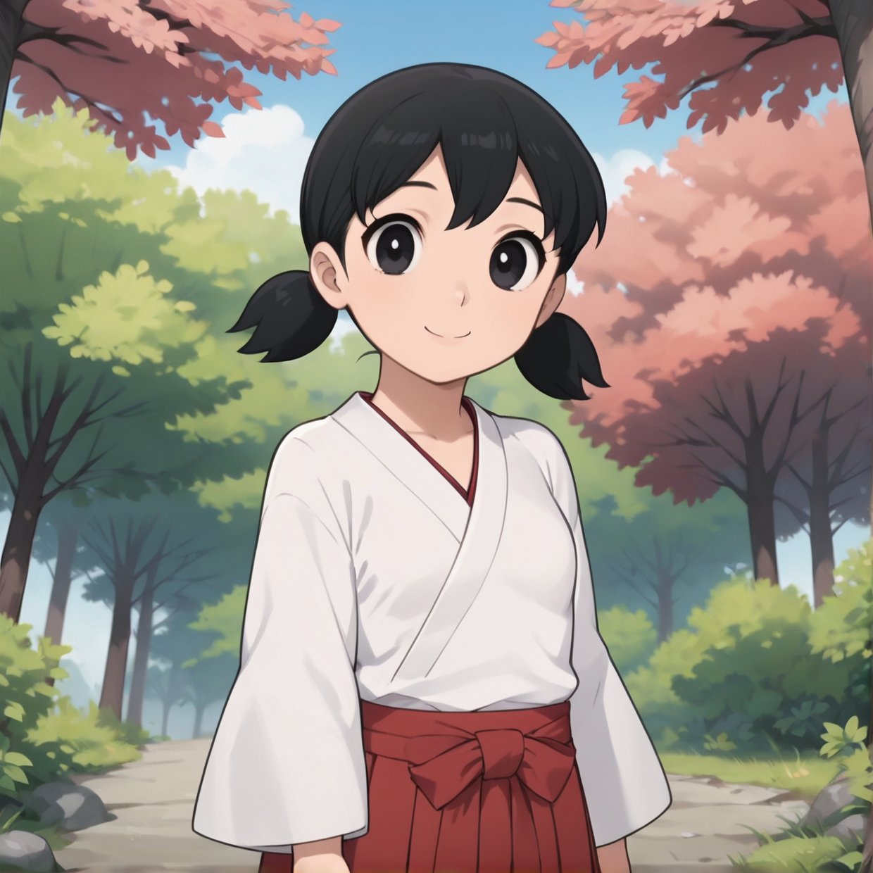 score_9, score_8_up, score_7_up, score_6_up, score_5_up, score_4_up, source_anime,minamoto shizuka,1girl, solo, japanese clothes, black hair,miko, black eyes, smile, twintails, outdoors, hakama, looking at viewer, skirt, short hair, day, short twintails, hakama skirt, tree, red hakama, long sleeves,masterpiece, perfect face, best quality, beautiful girl, cute girl, beautiful eyes, shiny eyes, anime coloring, anime screencap, absurdres, outdoors, <lora:minamoto shizuka auti 930:0.8>