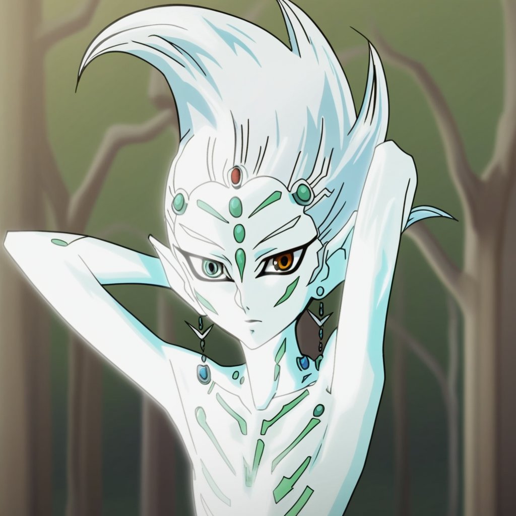 score_9, solo, astral_yz, white hair, colored skin, heterochromia, earrings, pointy ears, hands behind head, looking at viewer, tree,  natural lighting