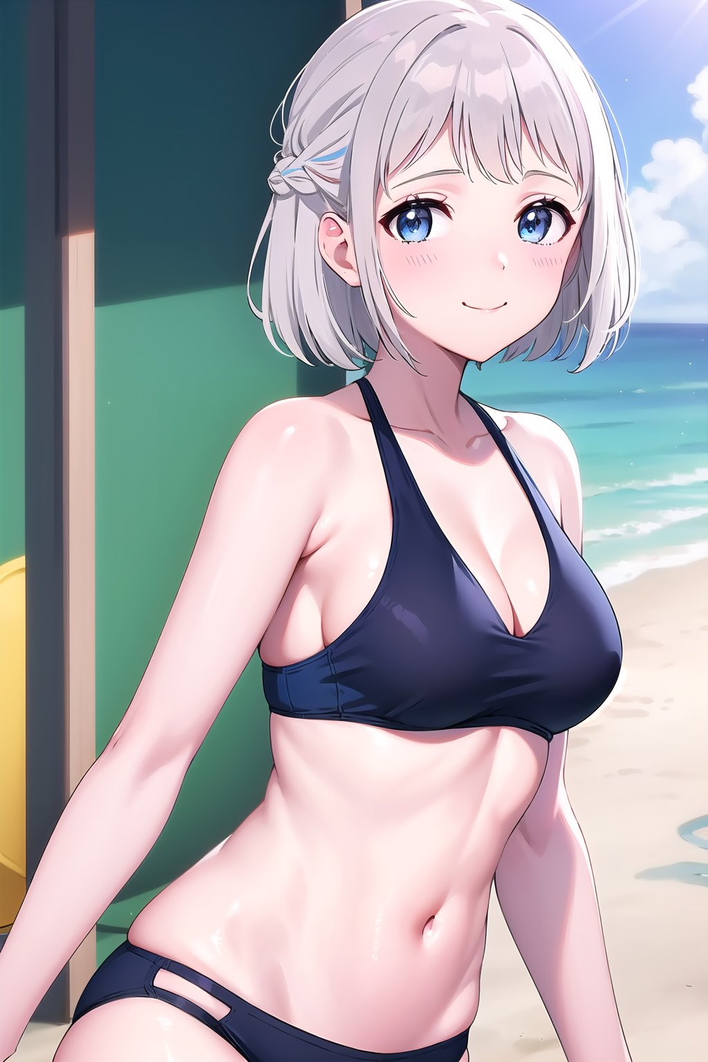 (masterpiece, best quality), highly detailed background, perfect lightingbest quality, katsuragililja, solo, outdoors, beach, grey hair, french braid, braid, bangs, streaked hair, short hair, blue eyes, medium breasts, black bikini, swimsuit, smile, closed mouth, :), <lora:Katsuragi-Lilja-05:0.7>