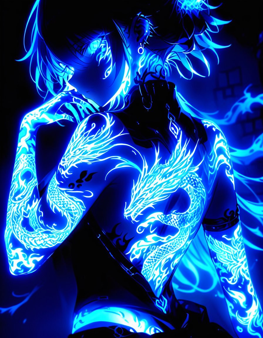 <lora:g1owingtatt00:1>, A full body anime-style character with glowing blue tattoos covering their arm and face and back, emitting a mystical and ethereal glow. The tattoos are the same neon blue as the character's piercing eyes, which match the soft, shadowy lighting. The background is black.