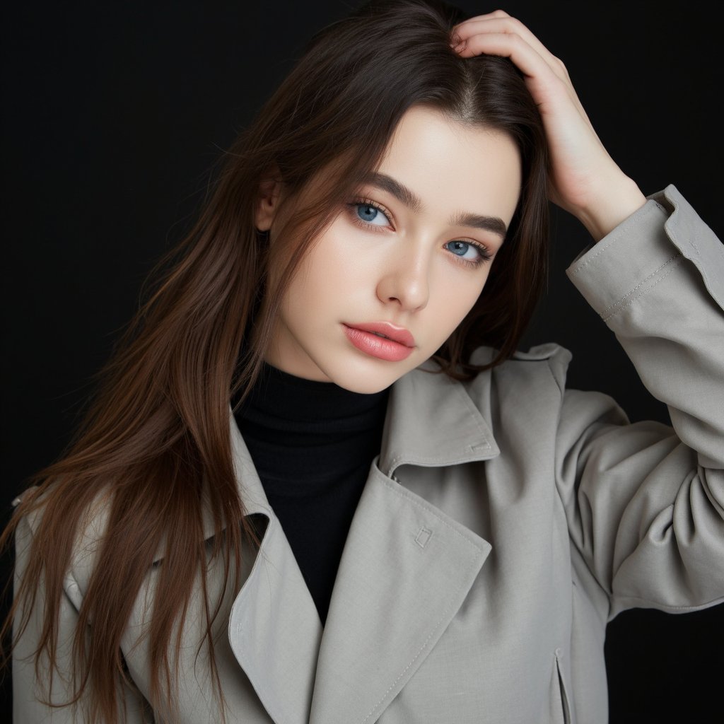 A portrait of dasha_taran with long, wavy brown hair and striking blue eyes. She wears a light gray trench coat with a black turtleneck underneath. Her right hand rests on her head, and she looks directly at the camera with a neutral expression. The dark background highlights the subject's features and the coat's texture. The image style is contemporary, emphasizing fashion and beauty.