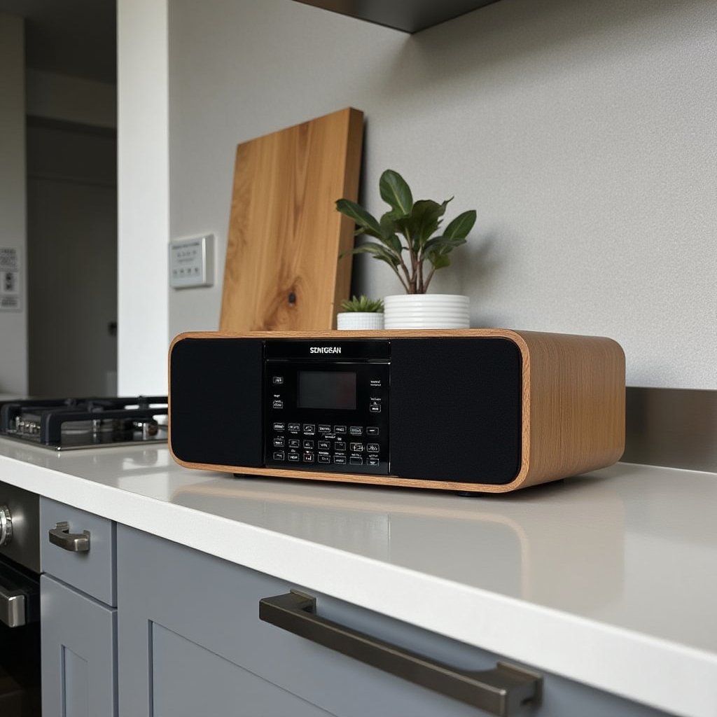 Sengnean wooden radio with curved edges, black speakers,  placed on a cooking area in a modern kitchen <lora:sengnean-000012:1>