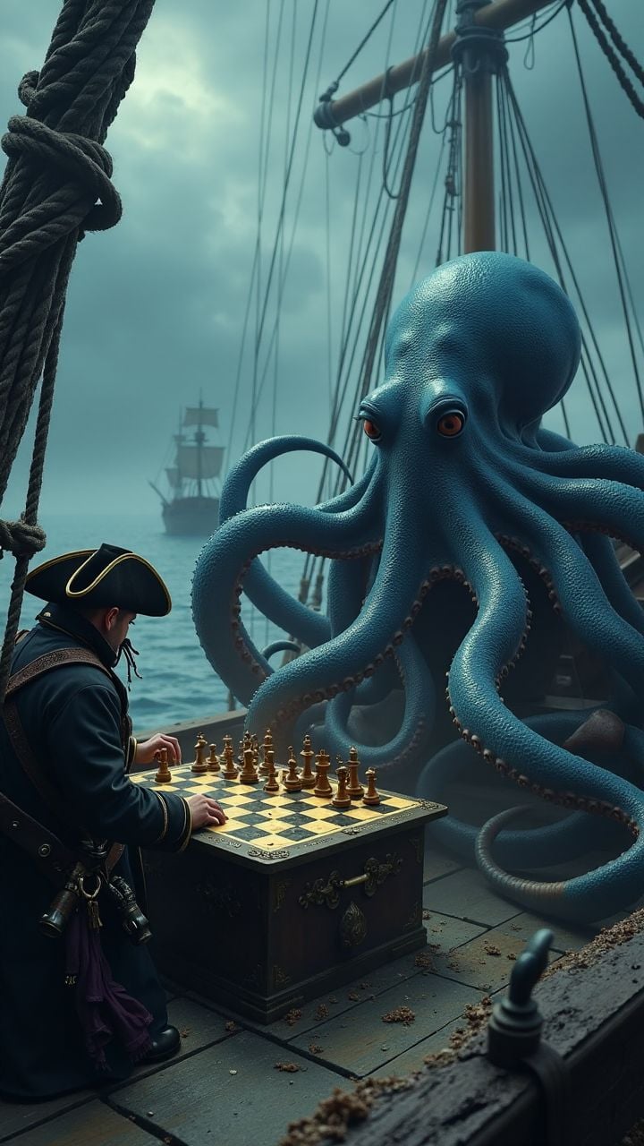 A giant octopus playing chess against a pirate captain on the deck of a ship during a storm. , <lora:aidmaImageUpgrader:0.25> aidmaimageupgrader , <lora:aidmaHyperRealismV0.2:0.7> aidmahyperrealism