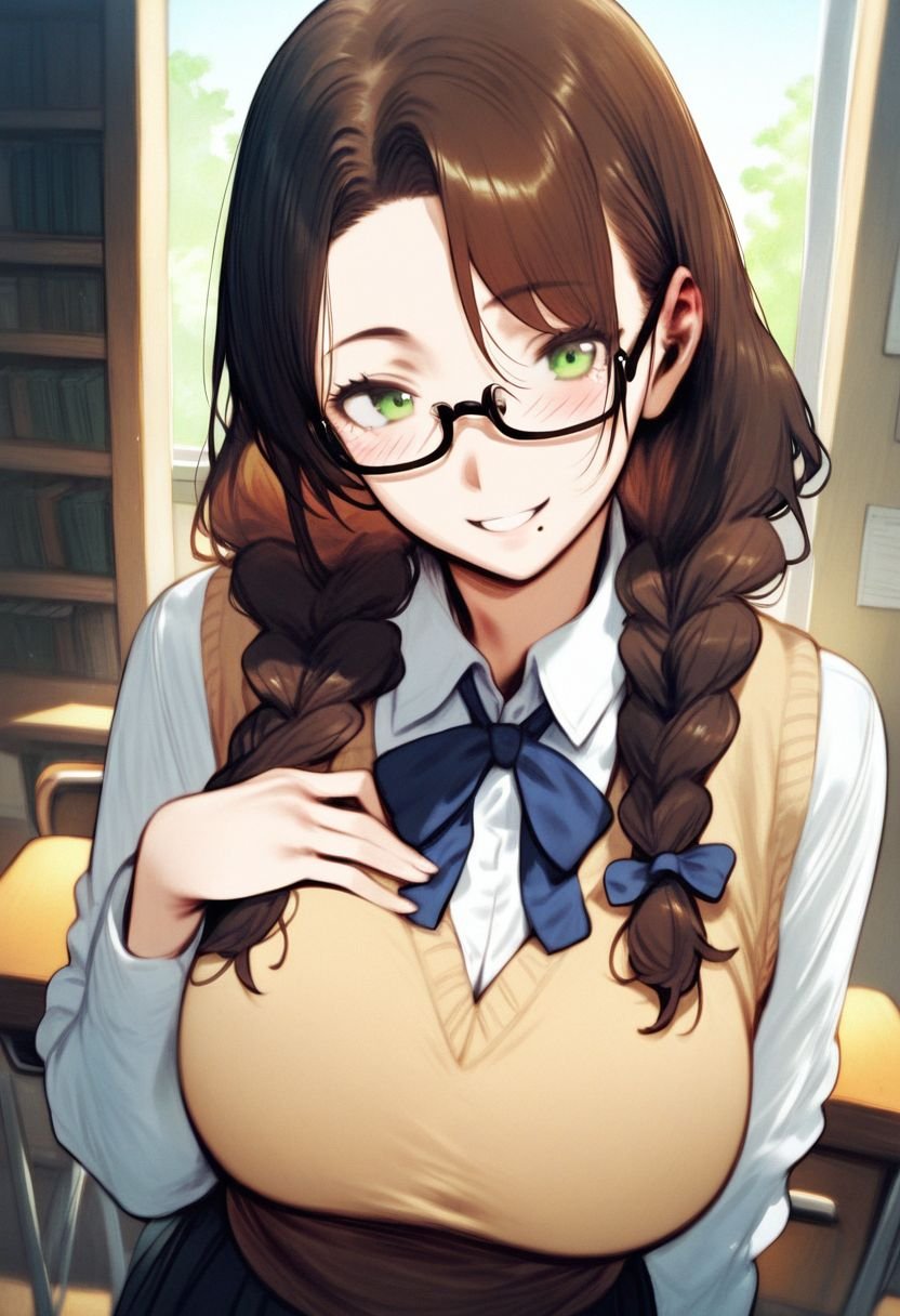 score_9, score_8_up, score_7_up, score_6_up, score_5_up, score_4_up, source_anime, <lora:SET v0.1:1>,1girl, braid, glasses, solo, twin braids, brown hair, breasts, green eyes, mole, large breasts, school uniform, freckles, sweater vest, long hair, mole under mouth, looking at viewer, smile, blush, shirt, bookshelf, semi-rimless eyewear, hand on own chest, neck ribbon, ribbon, under-rim eyewear, hair over shoulder, cardigan vest, long sleeves, classroom,