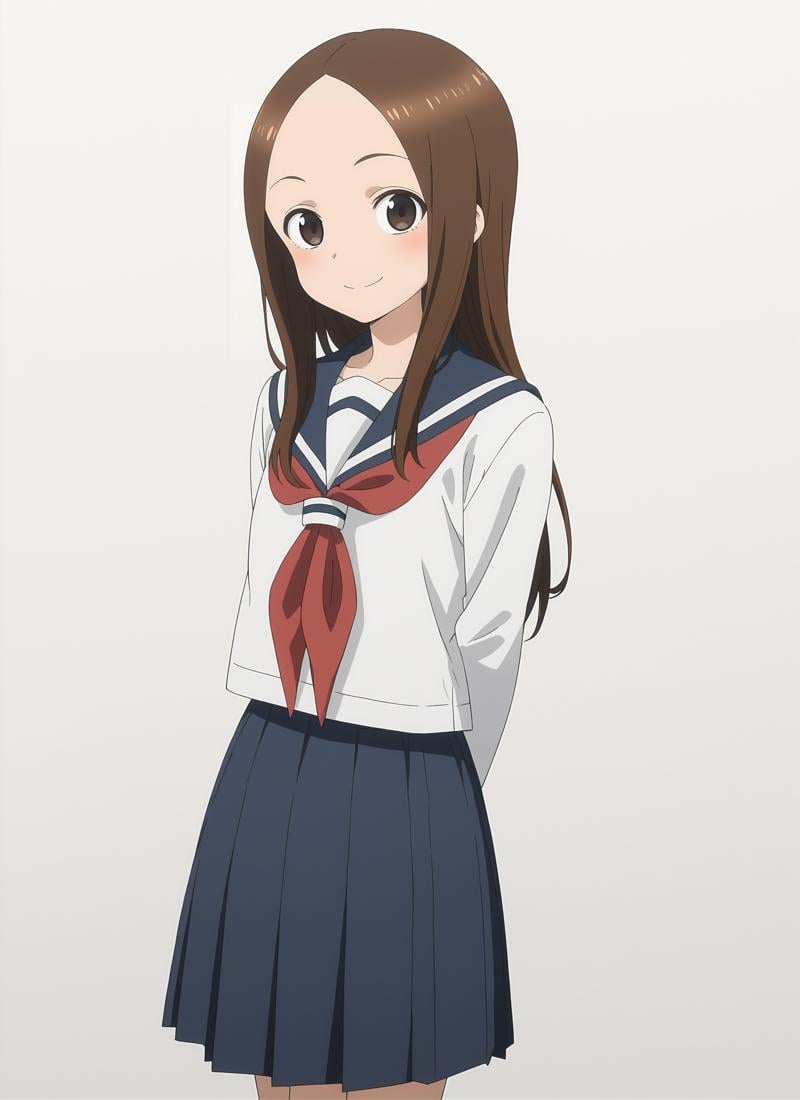 anime screencap, score_9, score_8_up, score_7_up, source_anime BREAK best quality, ((masterpiece)), highly detailed, ultra-detailed, (illustration), (beautiful detailed eyes) BREAK takagi-san, 1girl, solo, long hair,  simple background, white background:1.3 BREAK school uniform, white serafuku, long sleeves, blue sailor collar, red neckerchief, blue pleated skirt, arms behind back, looking at viewer, smile <lora:takagi-san_v1.0:0.9>