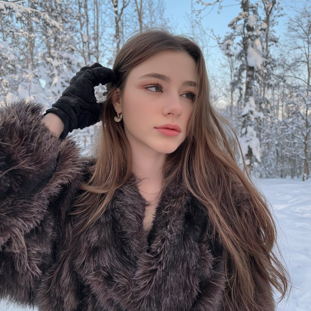 A portrait of dasha_taran outdoors in a snowy forest. She wears a luxurious, dark fur coat with a fluffy texture and black gloves. Her long, wavy hair flows down her back, and she adjusts her hair with one hand. The background is blurred, showing snow-covered trees and a clear sky. The image has a serene and contemplative mood, emphasizing the woman's natural beauty and the cold winter atmosphere.