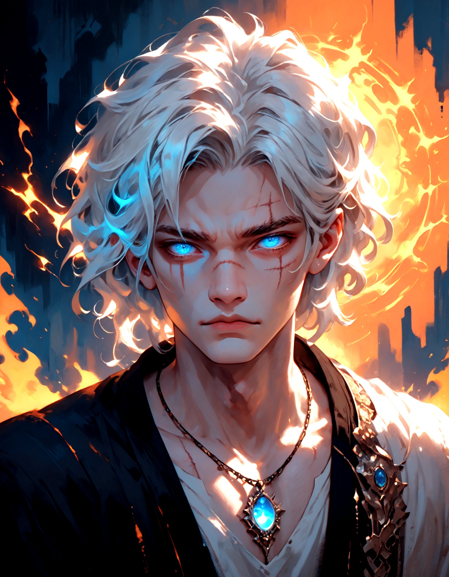 score_9, score_8_up, score_7_up, score_6_up, solo, looking at viewer, blue eyes, 1boy, jewelry, closed mouth, white hair, male focus, necklace, glowing, scar, portrait, scar on face, glowing eye